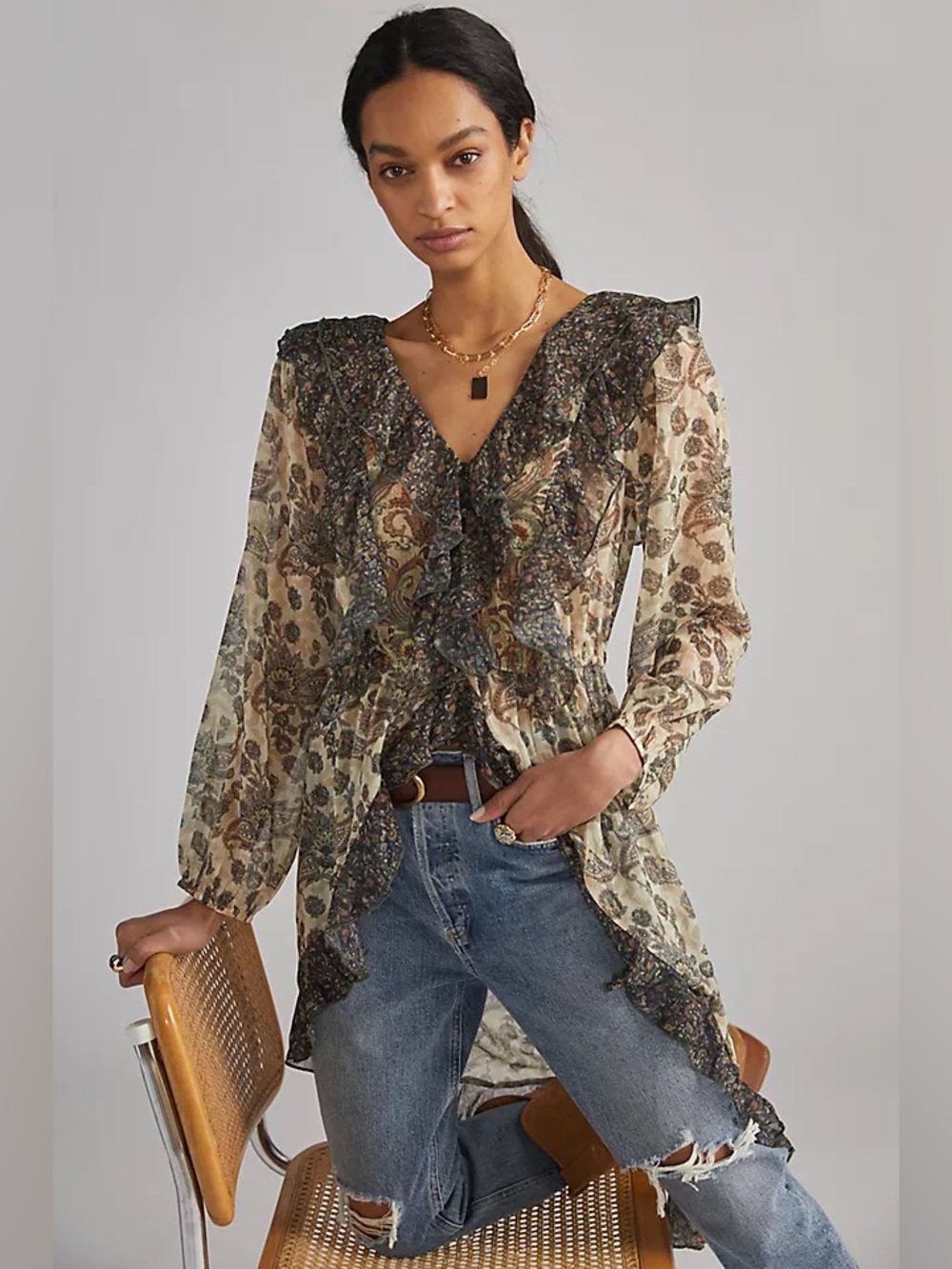 Anthropologie Let Me Be Sheer Femme Maxi Buttondown Blouse